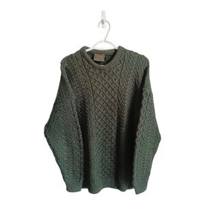 Carraig Donn Merino Wool Green Cable Knit Crewneck Sweater Large   Cabin Cottage